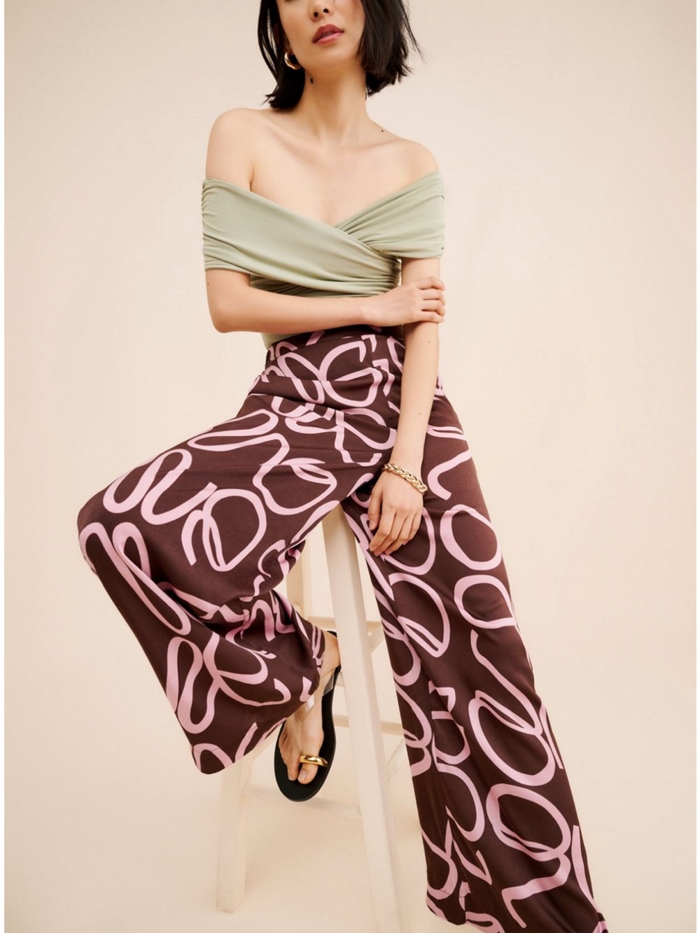 MINKPINK Brown Wide-Leg Palazzo Pants with Pink Abstract Print